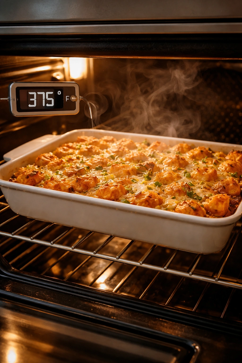 Close-up inside oven with thermometer reading 375°F and bubbling casserole, no text