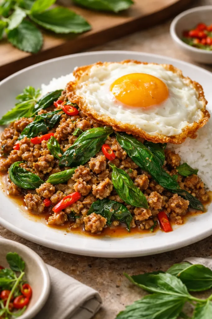 12 Thai Recipes You Can Make at Home 5 Pad Kra Pao with crispy fried egg over jasmine rice