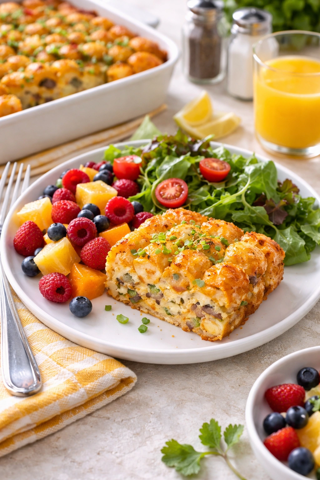 Plate of casserole with fruit and salad for serving suggestions
