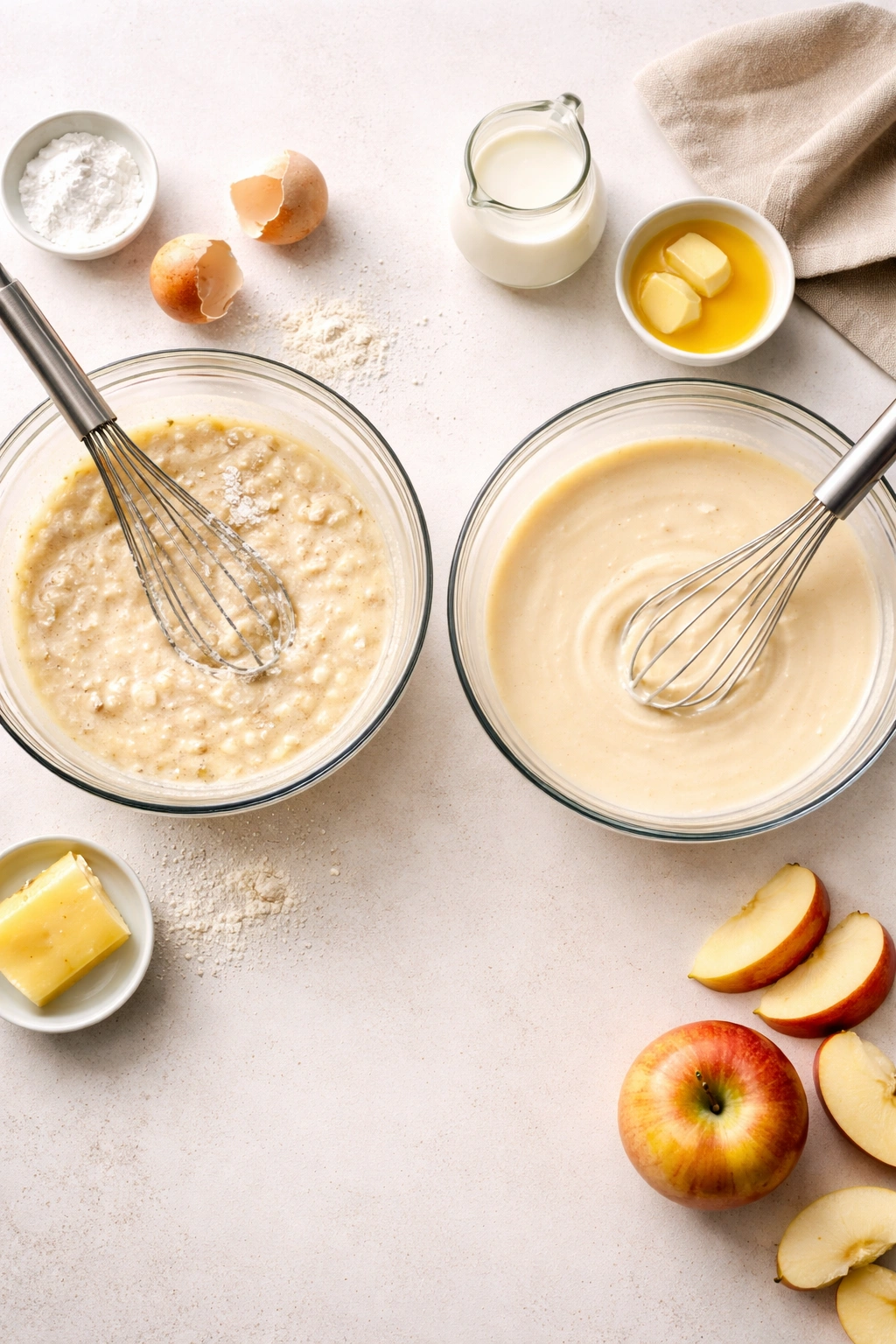 Bowl of lumpy pancake batter and whisk beside a smooth batter