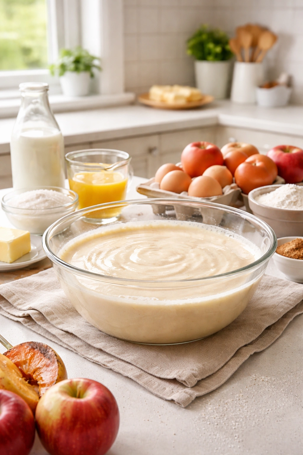 Batter resting in a bowl with ingredients in a bright kitchen