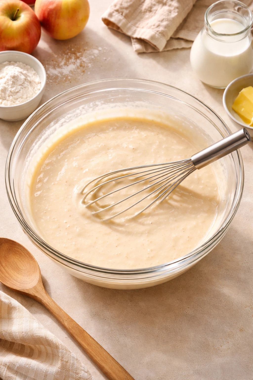 Bowl of pancake batter with whisk ready for mixing