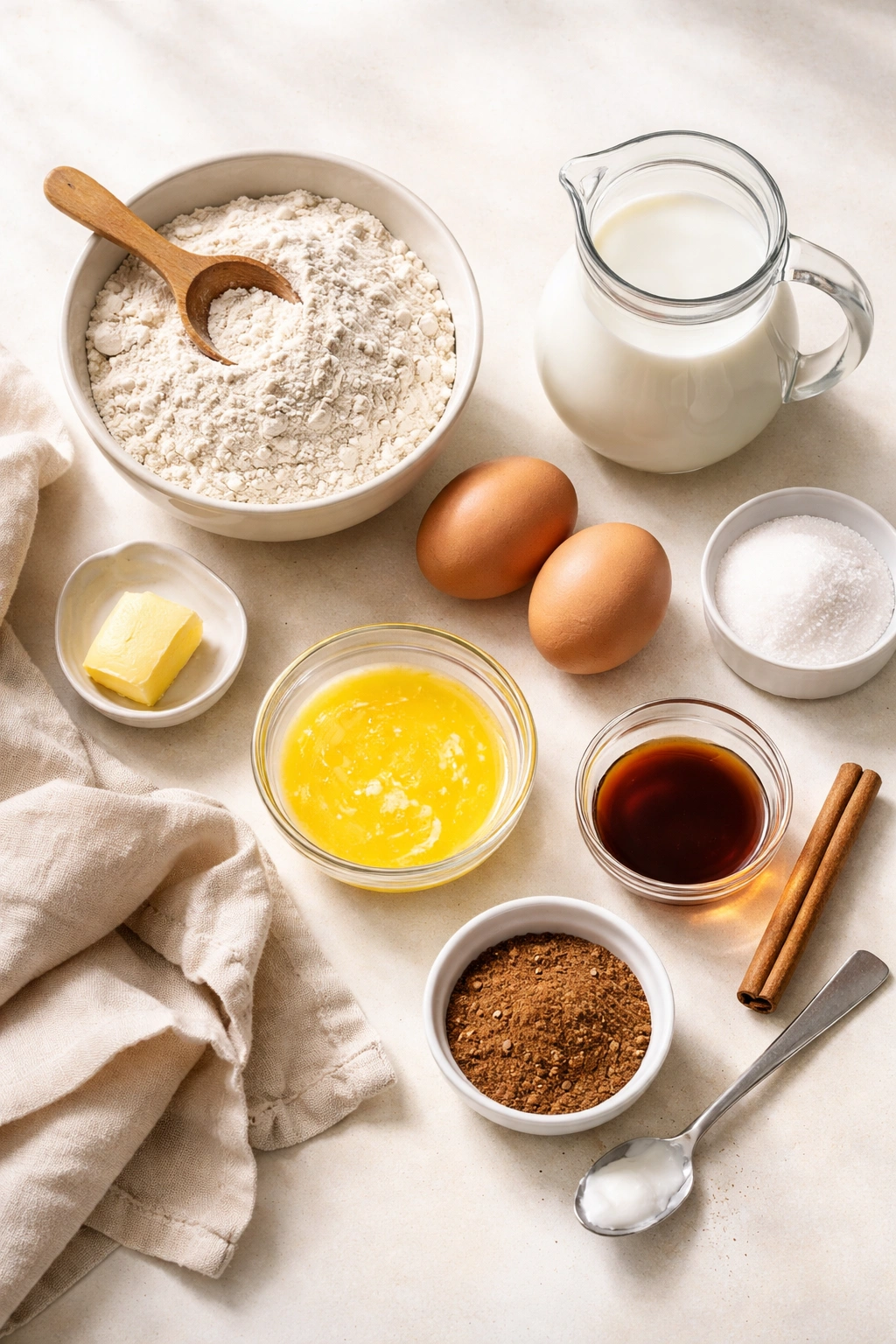Flat lay of pancake batter ingredients including flour, milk, eggs, butter, vanilla