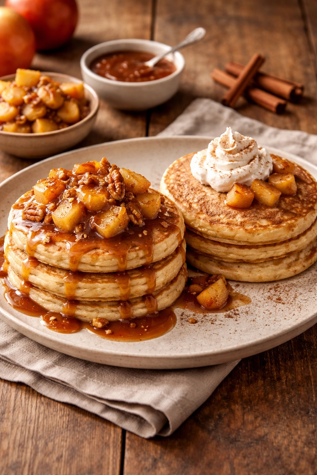 Plate with two pancakes variations: caramel apple and cinnamon whipped cream