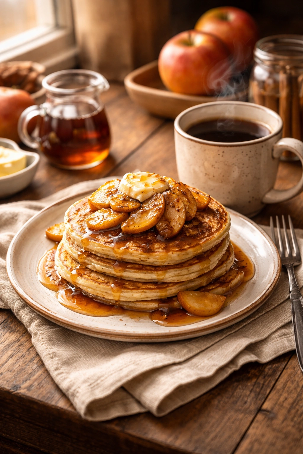 Cozy breakfast with apple pancakes and coffee