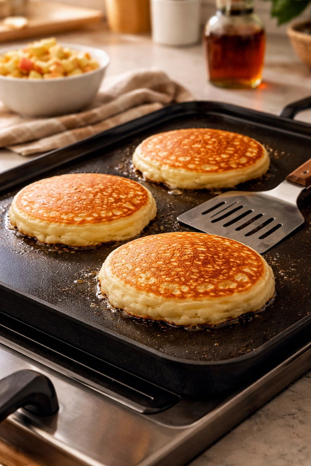 Pancakes cooking on a griddle with bubbles and golden edges