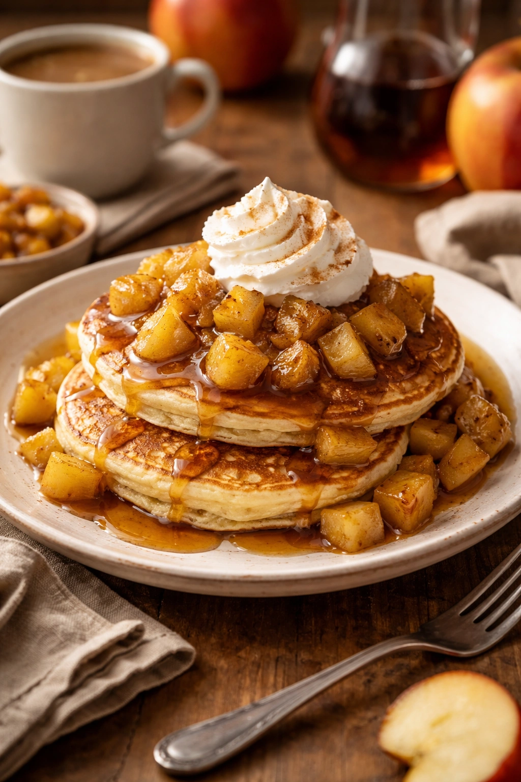 Plate with overlapping pancakes and warm apple topping, syrup drizzle