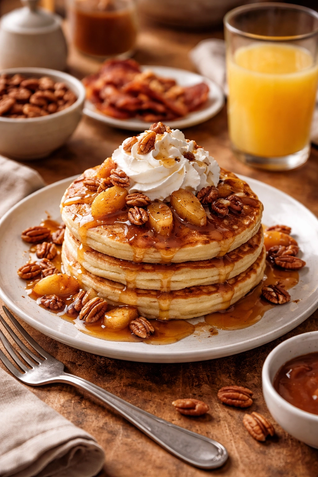 Plated apple pancakes with whipped cream, pecans, maple syrup and orange juice