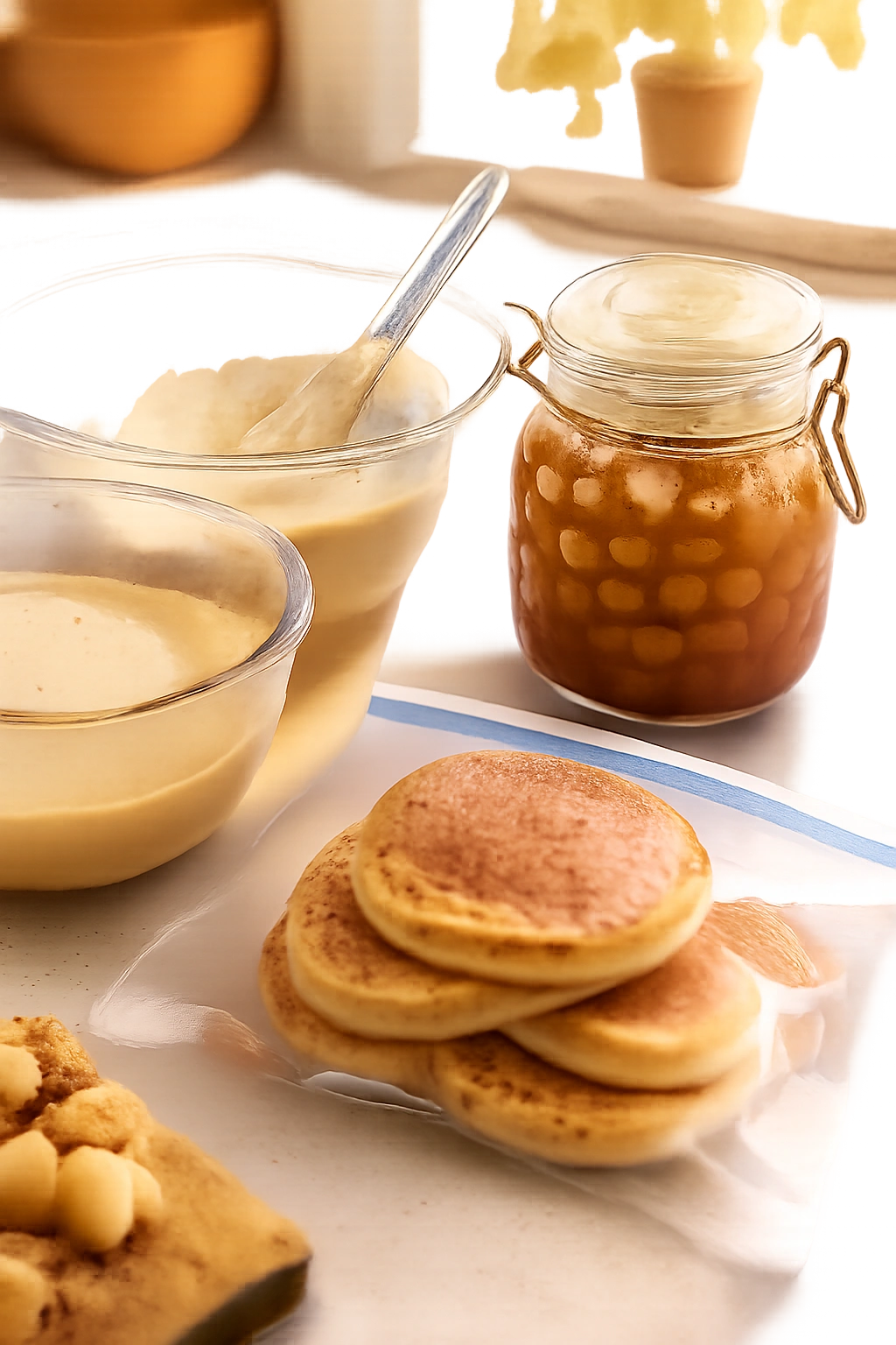 A kitchen counter with apple topping jar, pancake batter bowls, and a stack of pancakes for storage