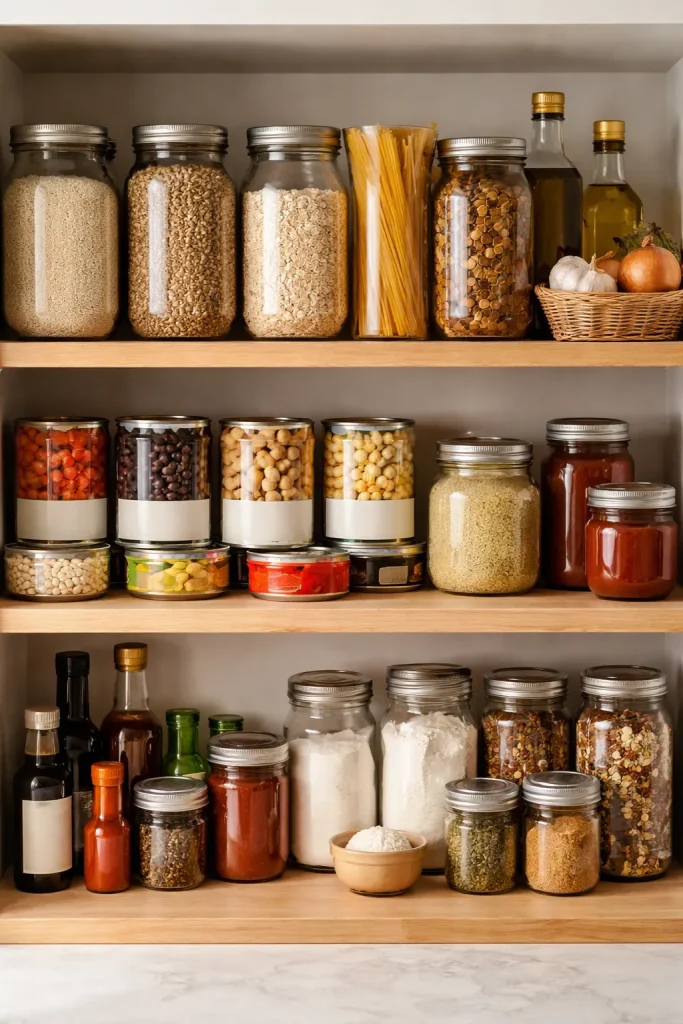 Organized pantry shelves with cans and pasta