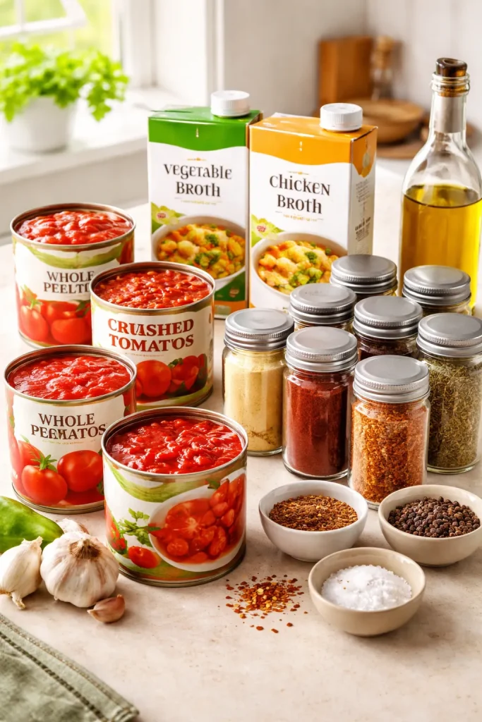 Canned tomatoes, broth, and spices arranged neatly