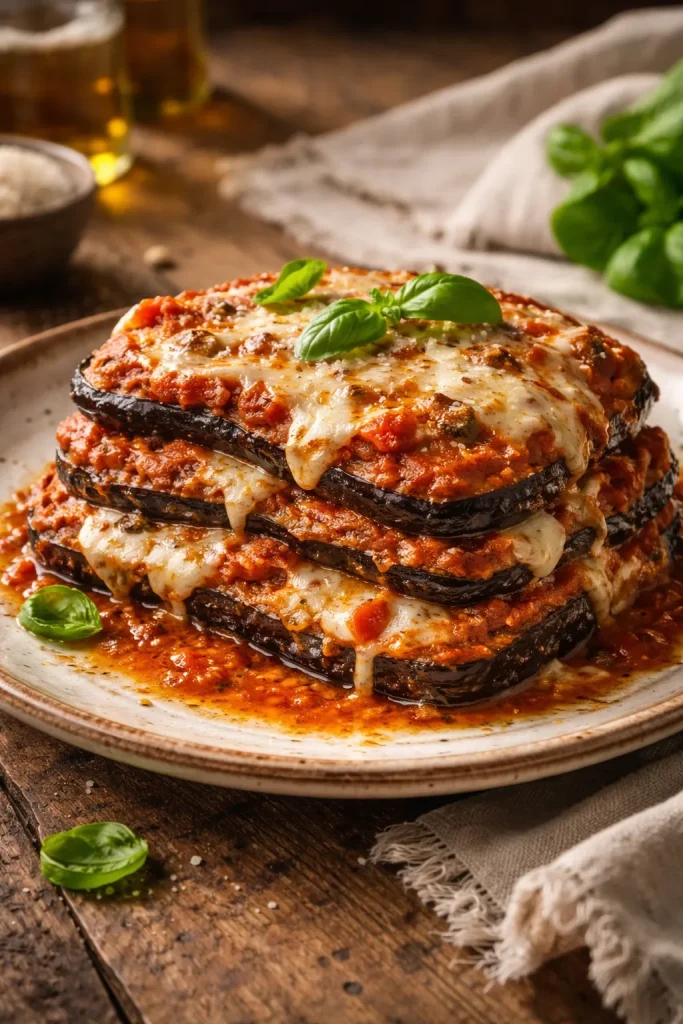 10 Italian Recipes Straight From Nonna 7 Parmigiana di Melanzane plated dish with layered eggplant tomato sauce and cheese