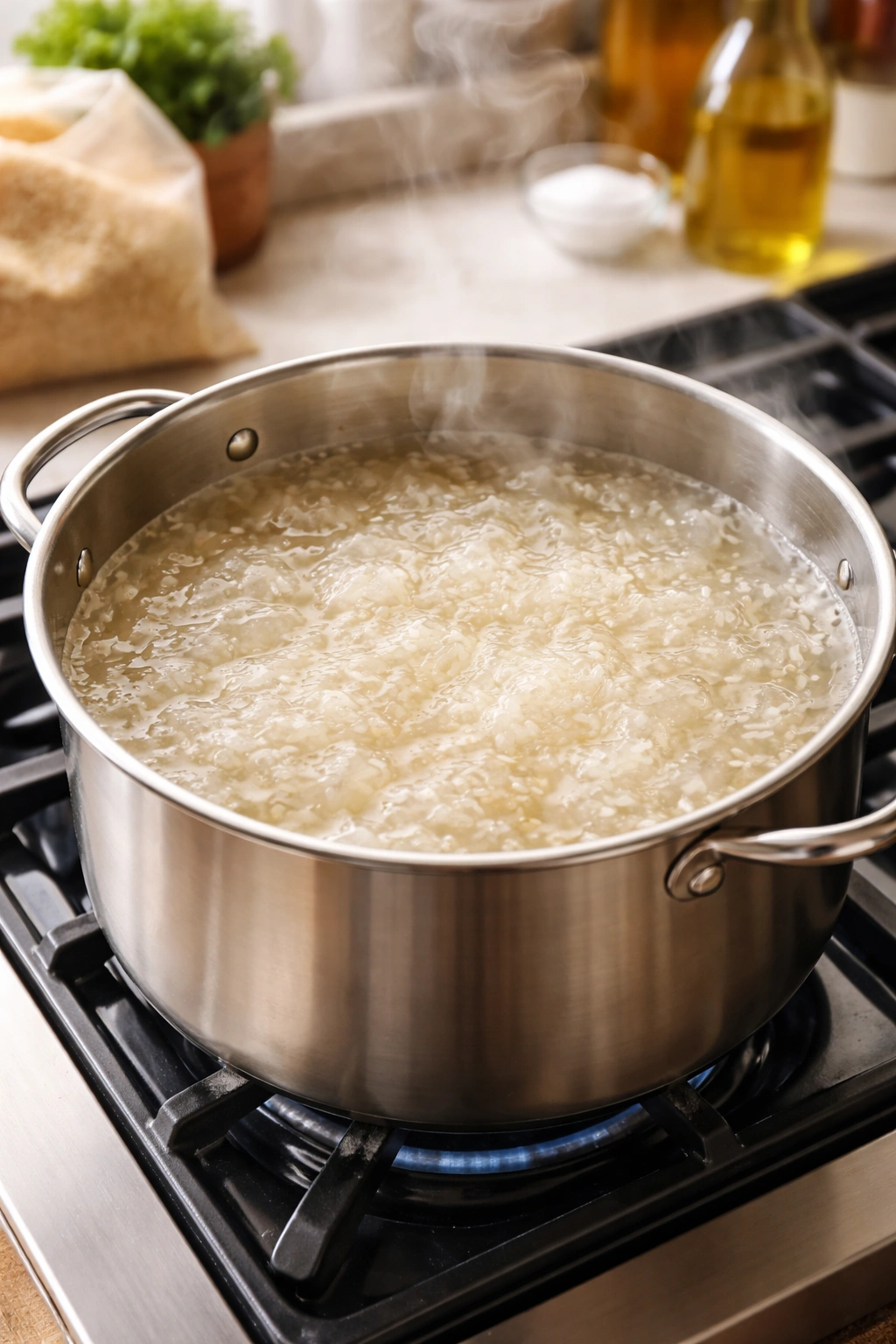 Boiling rice using the pasta method in a large pot, fluffy separated grains