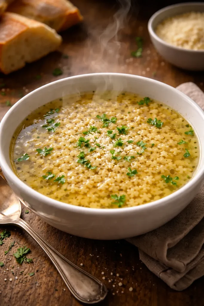 10 Italian Recipes Straight From Nonna 10 Bowl of pastina in brodo with star pasta in clear broth