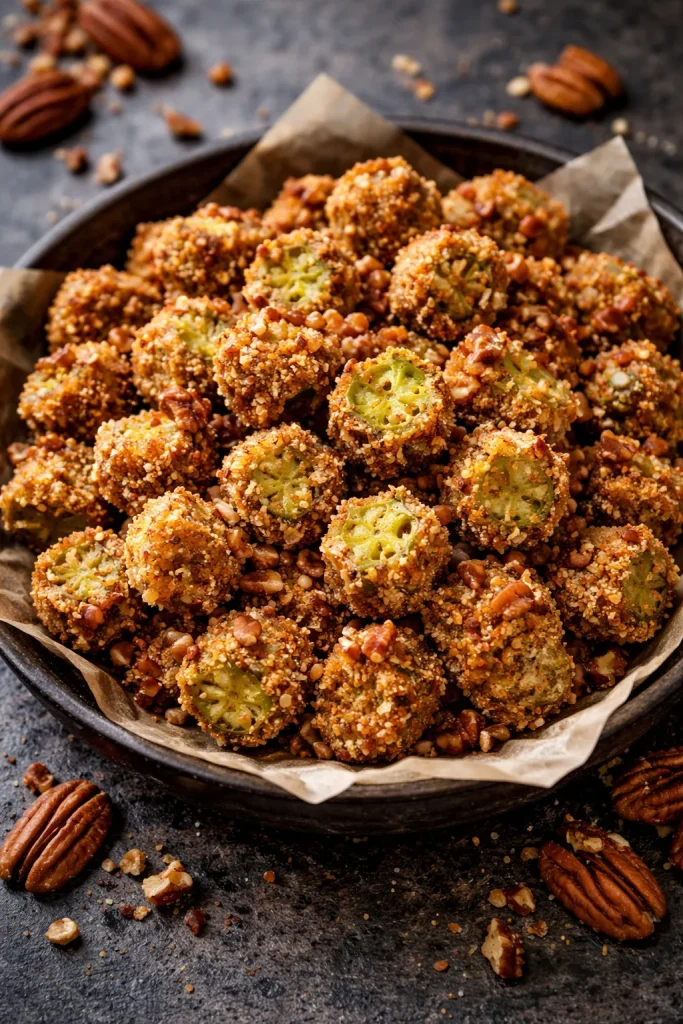 Okra with pecan crust showing textured crust and visible pecan bits