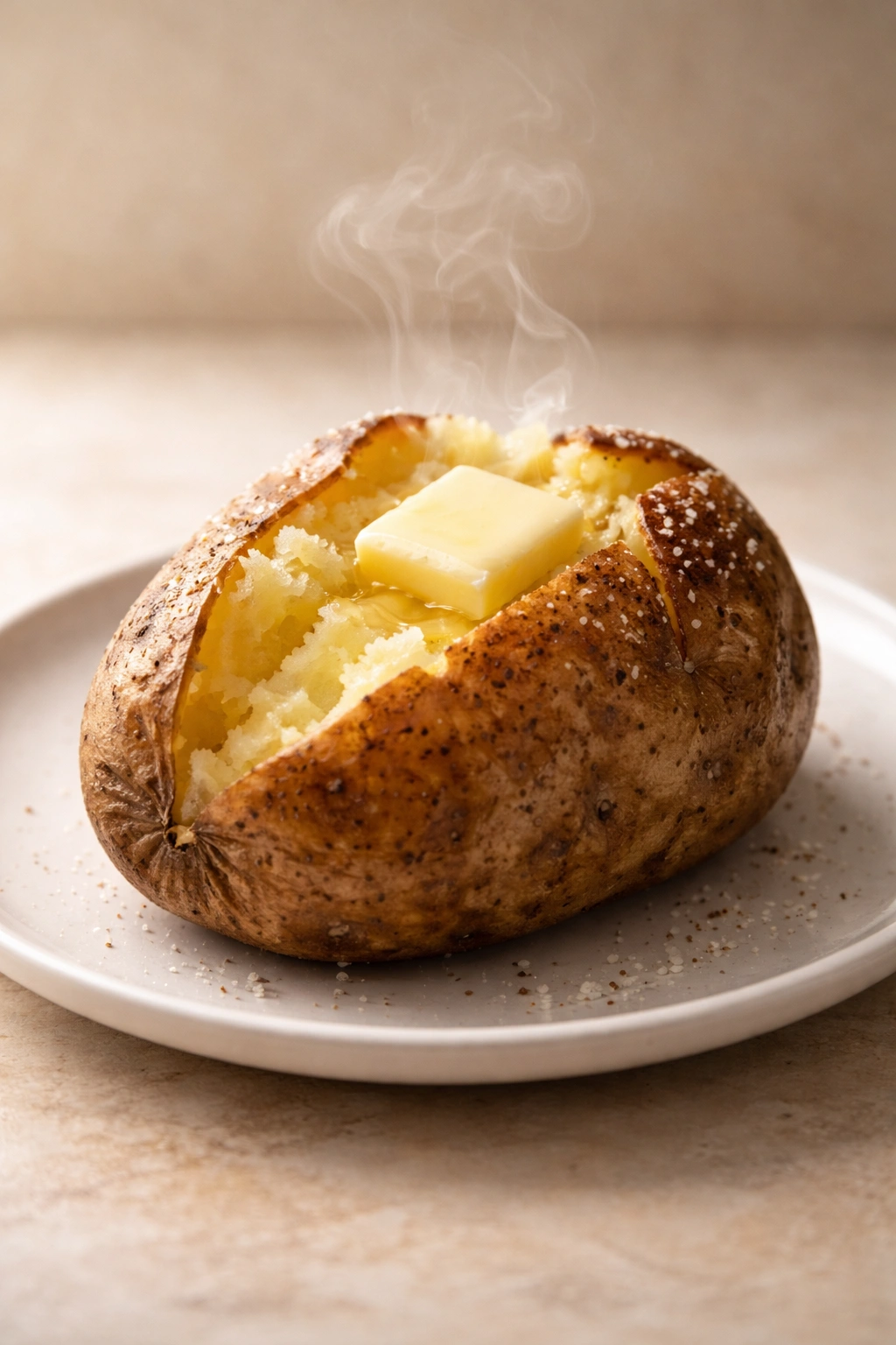 Perfectly baked potato with crisp skin and melting butter