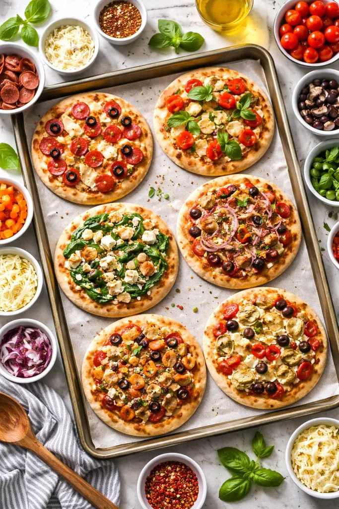 Multiple pita pizzas on a baking sheet with cheese and toppings