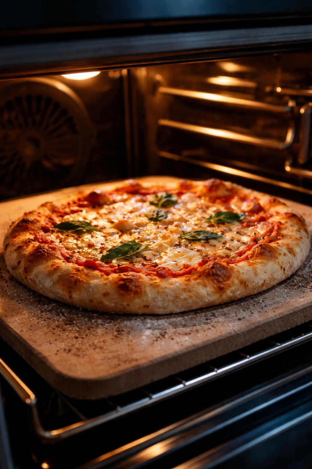Close-up of a golden-brown pizza on a stone in a preheated oven