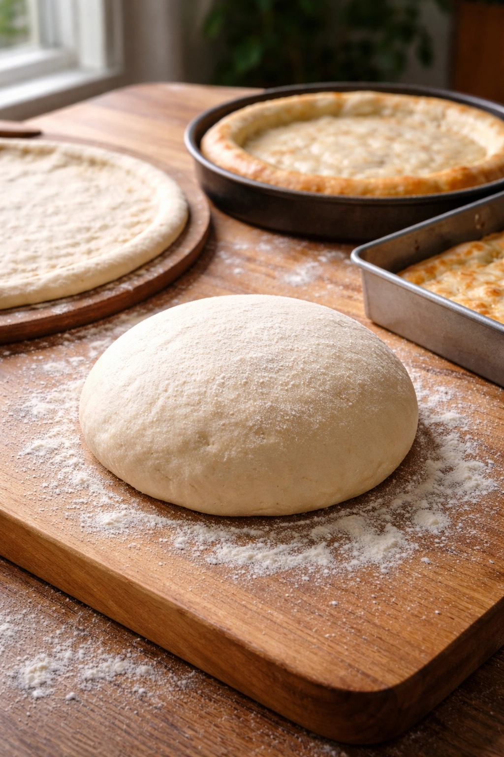 Round dough disc on a floured surface with a rectangular pan nearby, suggesting different pizza styles