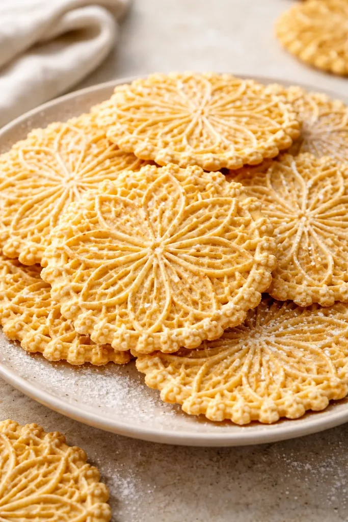 10 Italian Recipes Straight From Nonna 9 Crisp pizzelle cookies with snowflake pattern on plate