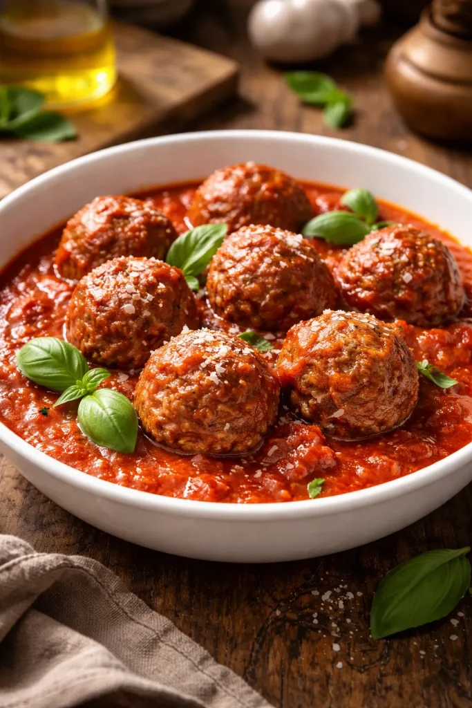 10 Italian Recipes Straight From Nonna 5 Tender meatballs in tomato sauce on white plate