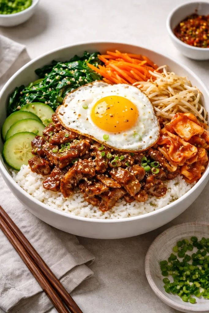 Pork bulgogi bibimbap bowl with caramelized pork and vegetables