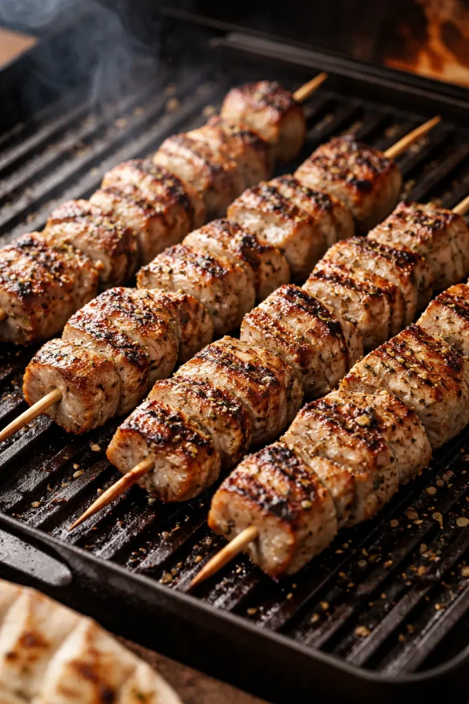 Grilled pork souvlaki skewers with char marks on a grill pan
