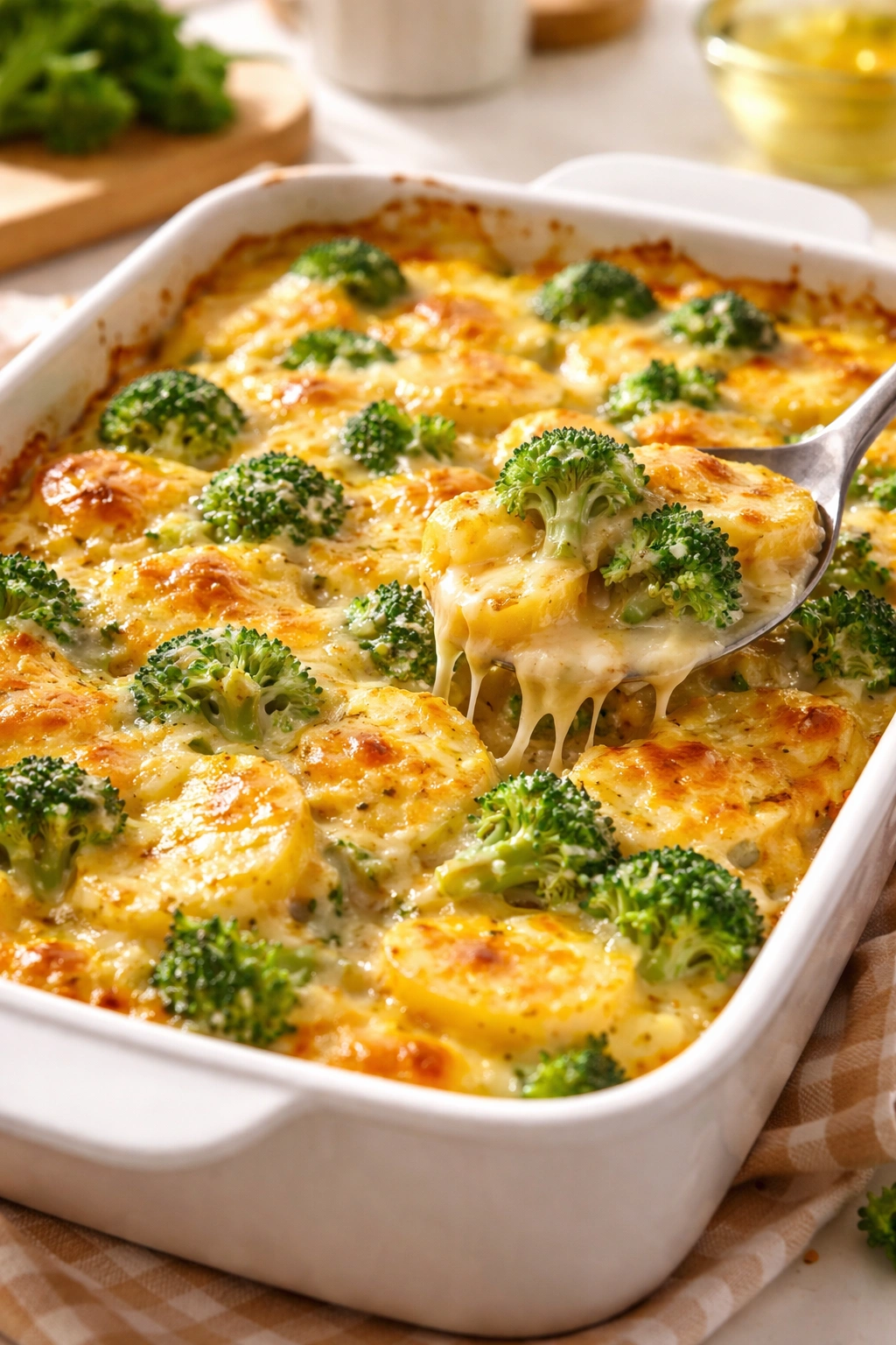Cheesy potato and broccoli casserole in baking dish