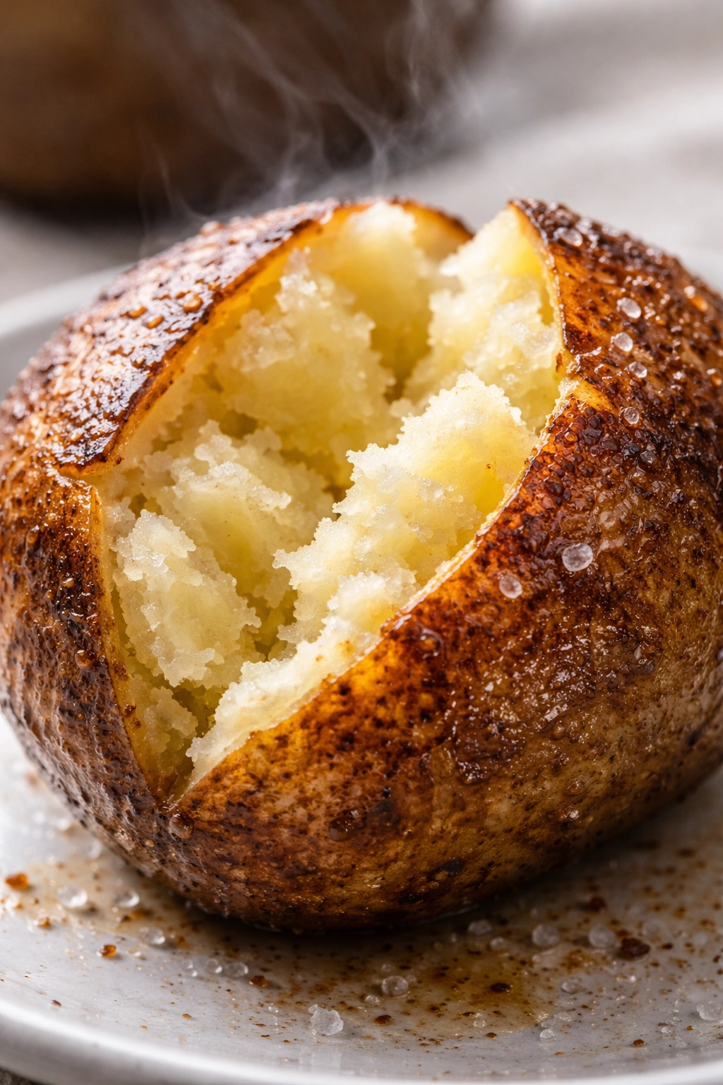 Russet potato cross-section showing fluffy inside and crispy skin