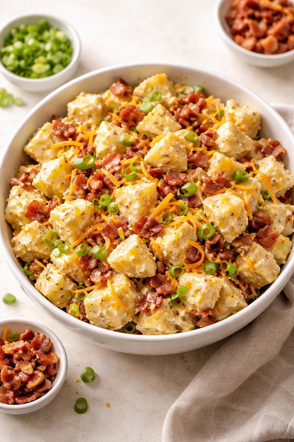 Potato salad with bacon and cheddar in a bowl