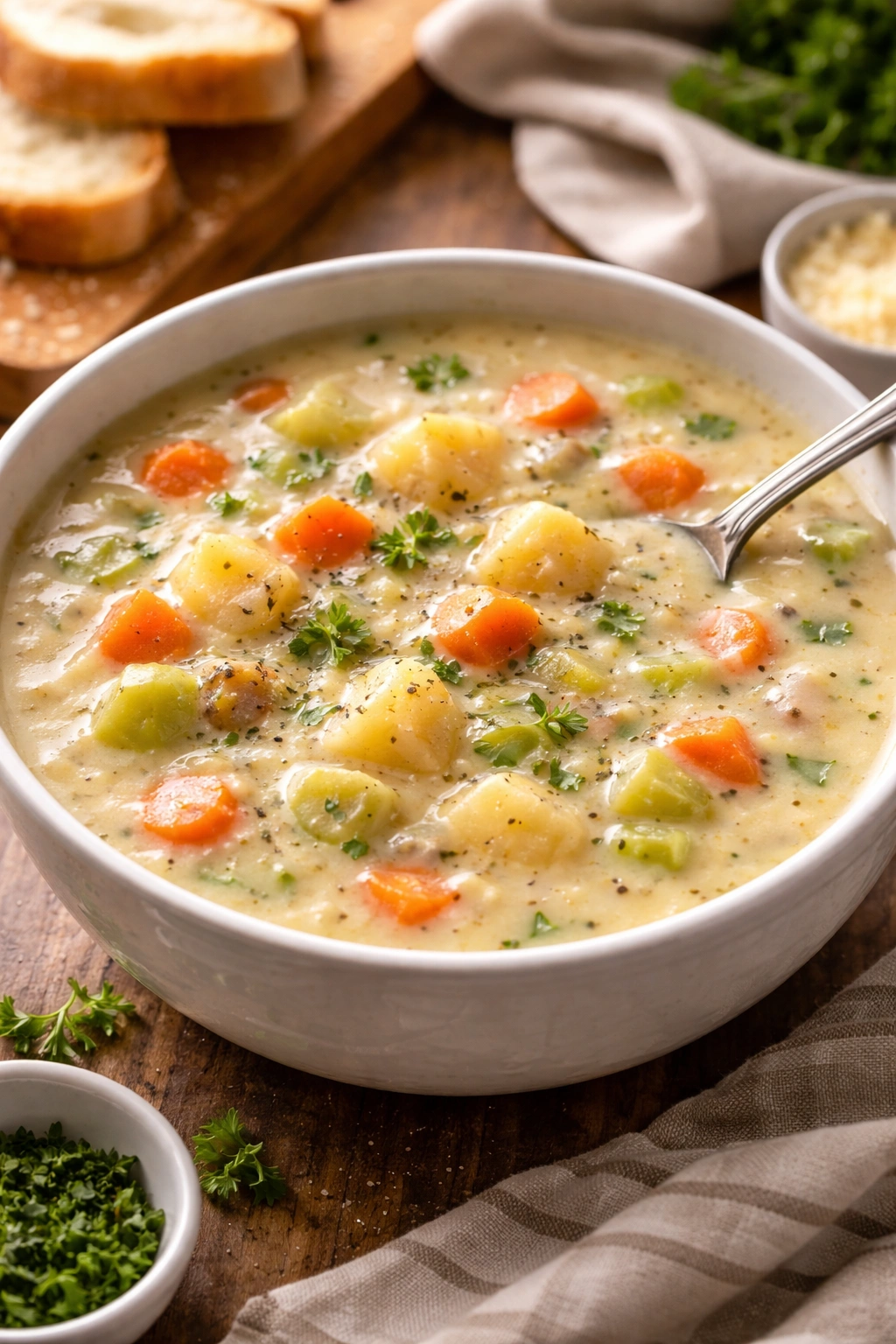 Bowl of creamy potato and vegetable soup with chunky vegetables