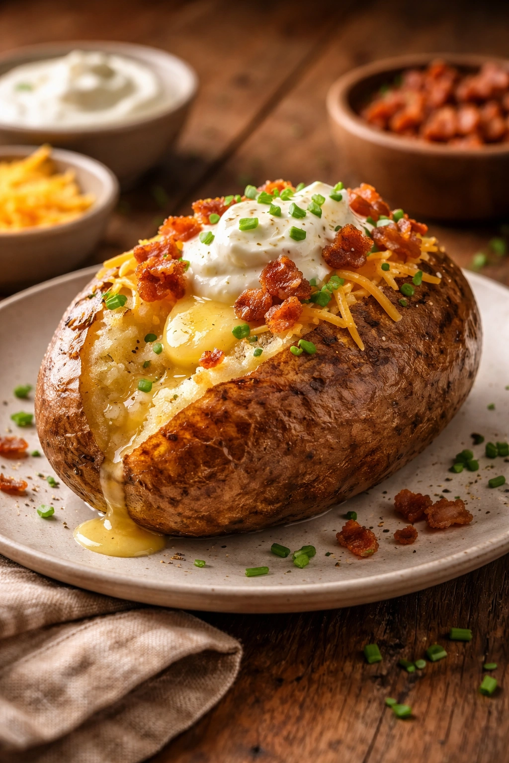 Baked potato with butter sour cream and chives on plate