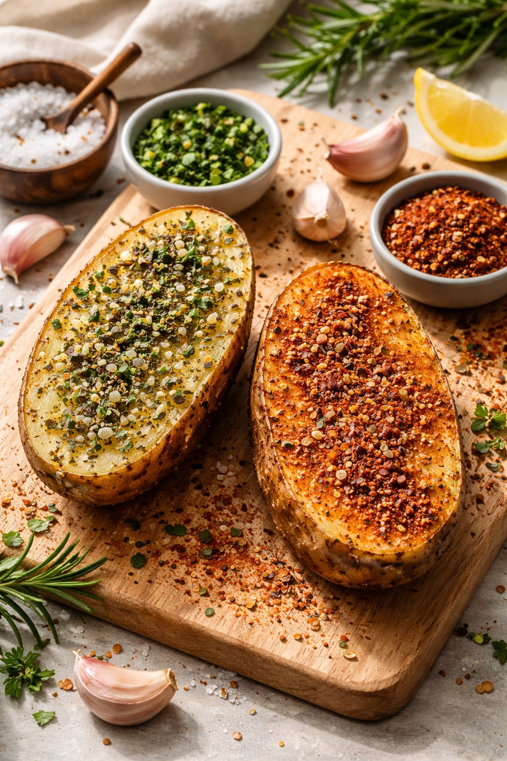 Russet potato halves with different seasoning rubs to illustrate flavor variations