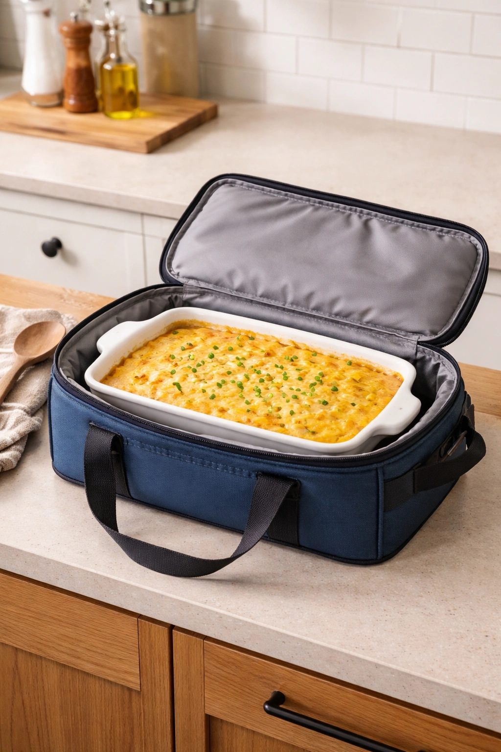 Casserole in portable carrier ready for potluck