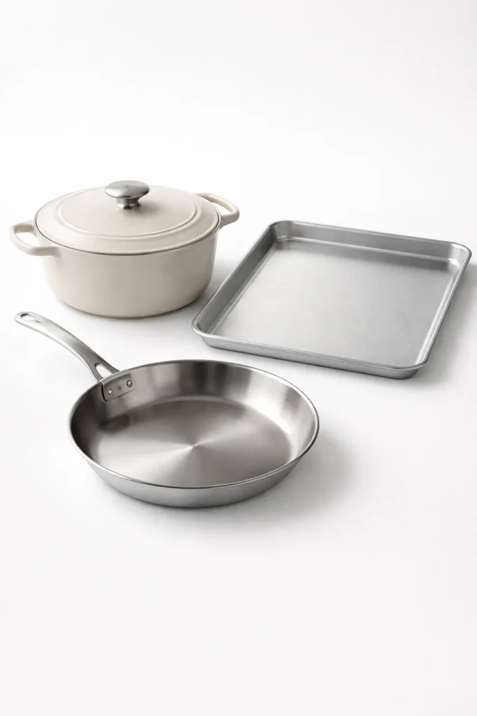Dutch oven, skillet, and baking sheet on a clean surface