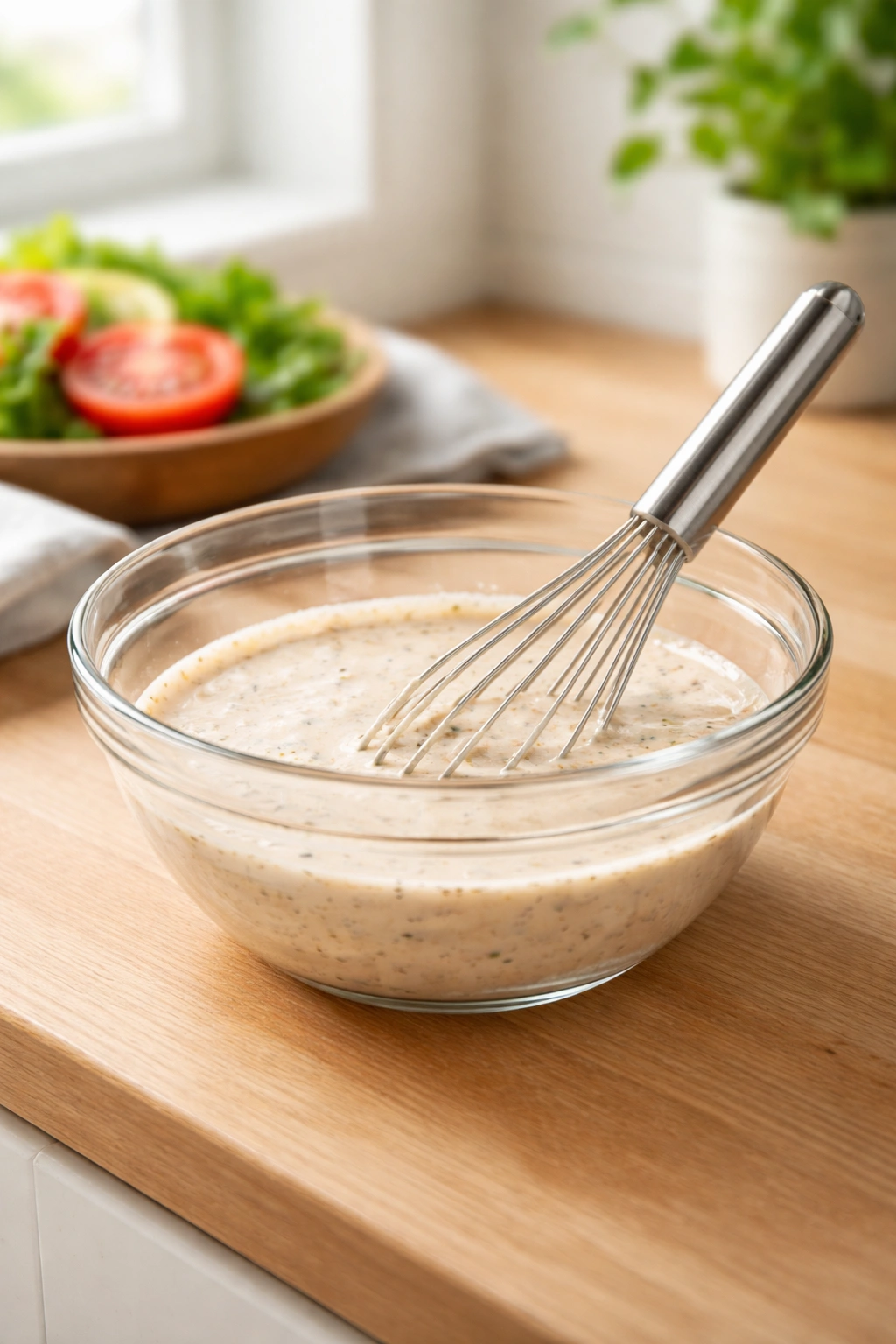 Minimalist bowl with whisk representing quick prep and yield concept