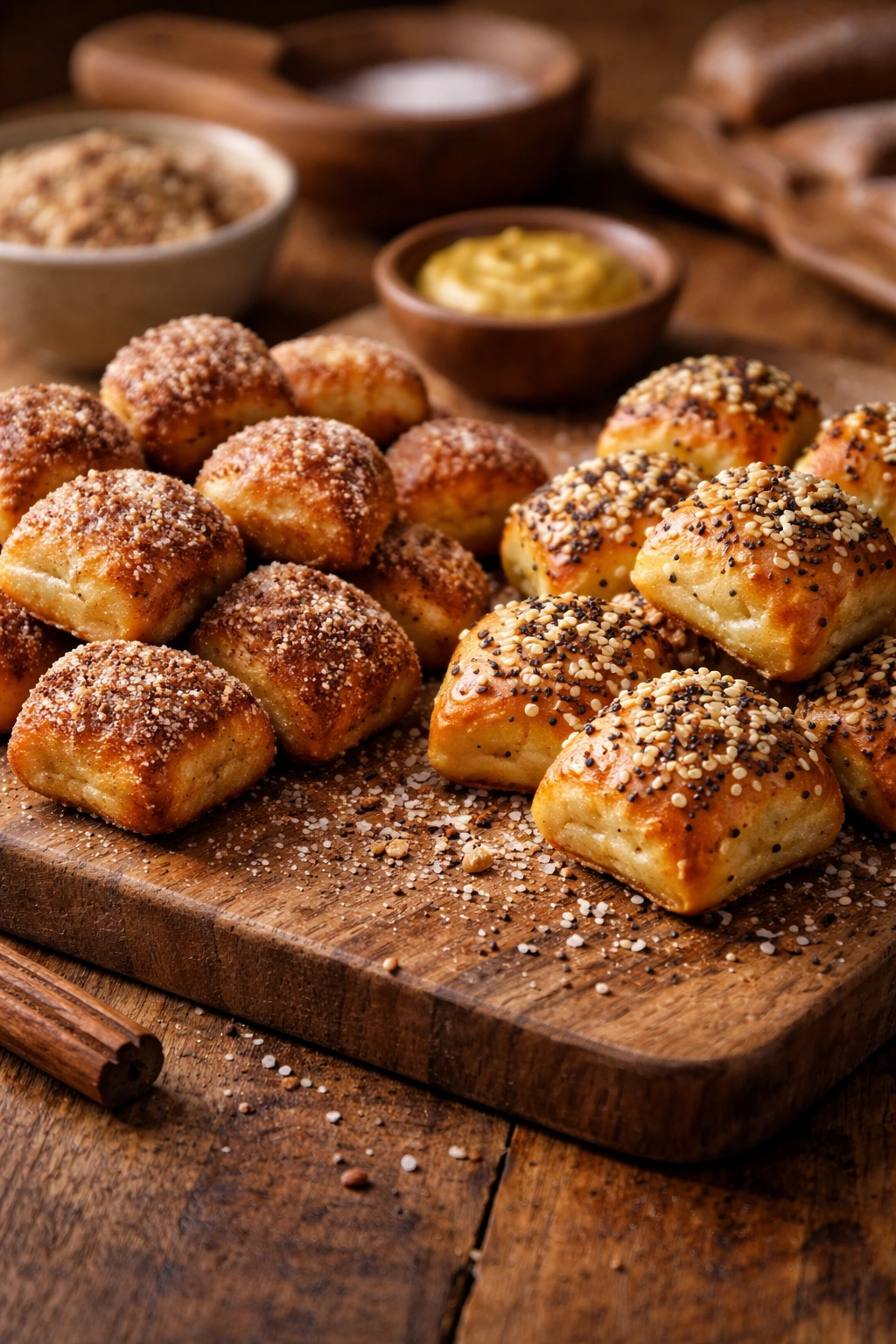 Pretzel bites with cinnamon-sugar and everything-bagel coating on wooden board.