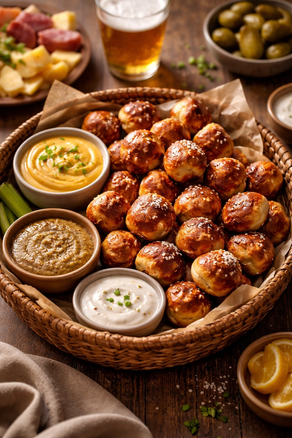 Pretzel bites in a basket with mustard and cheese dip bowls on wooden table.