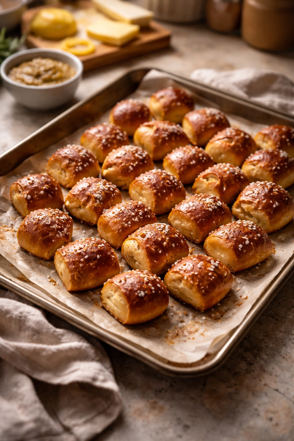 Freshly baked soft pretzel bites with golden crust on a parchment-lined tray.
