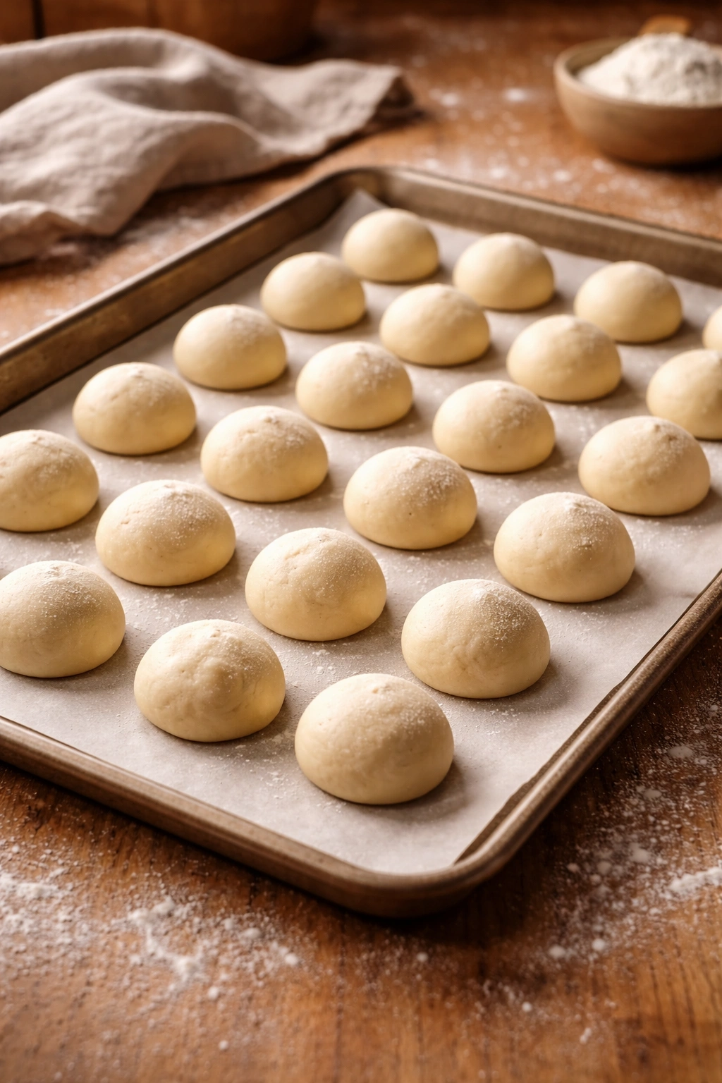 Small pretzel bite dough pieces arranged on parchment for final proof