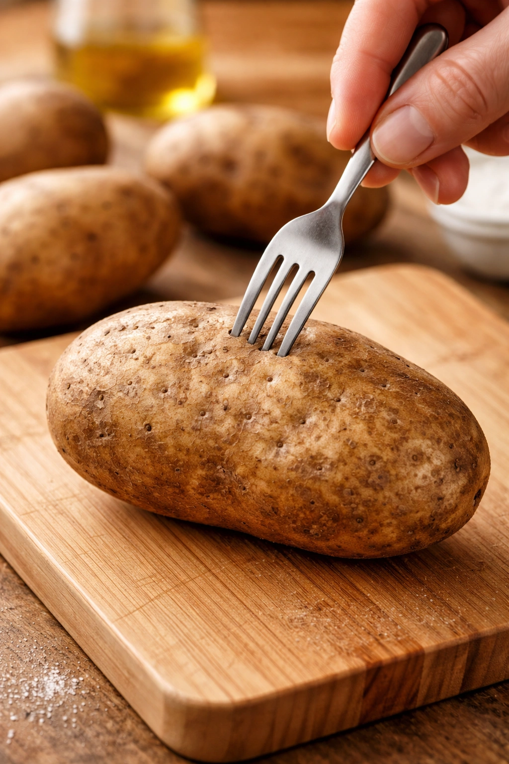 Hand pricking potato with a fork on cutting board