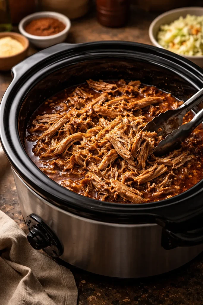 8 Freezer Meals to Cook Once and Eat Twice 5 Crockpot with shredded pulled pork inside.
