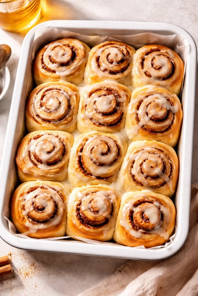 8 Cinnamon Roll Recipes Soft and Fluffy 4 Plump cinnamon rolls with glaze on a clean surface