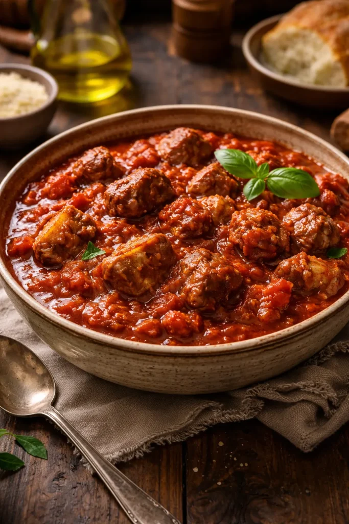 10 Italian Recipes Straight From Nonna 1 Close-up of slow-cooked ragù in a rustic bowl, rich meat sauce with pork and beef