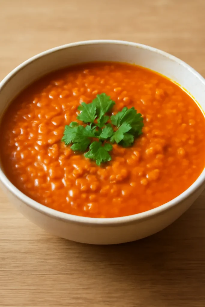 Bright red lentil curry soup in a bowl