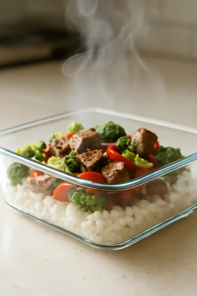 Easy Beef Meal Prep Bowls for Busy Weeks 10 Steaming reheated beef and rice in a glass container