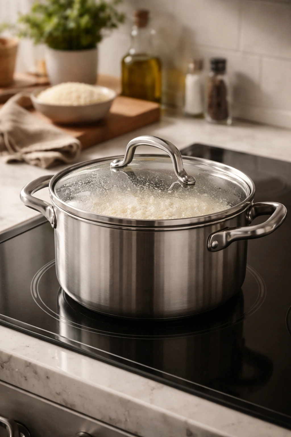 Lid-on resting rice in a pot on a stove