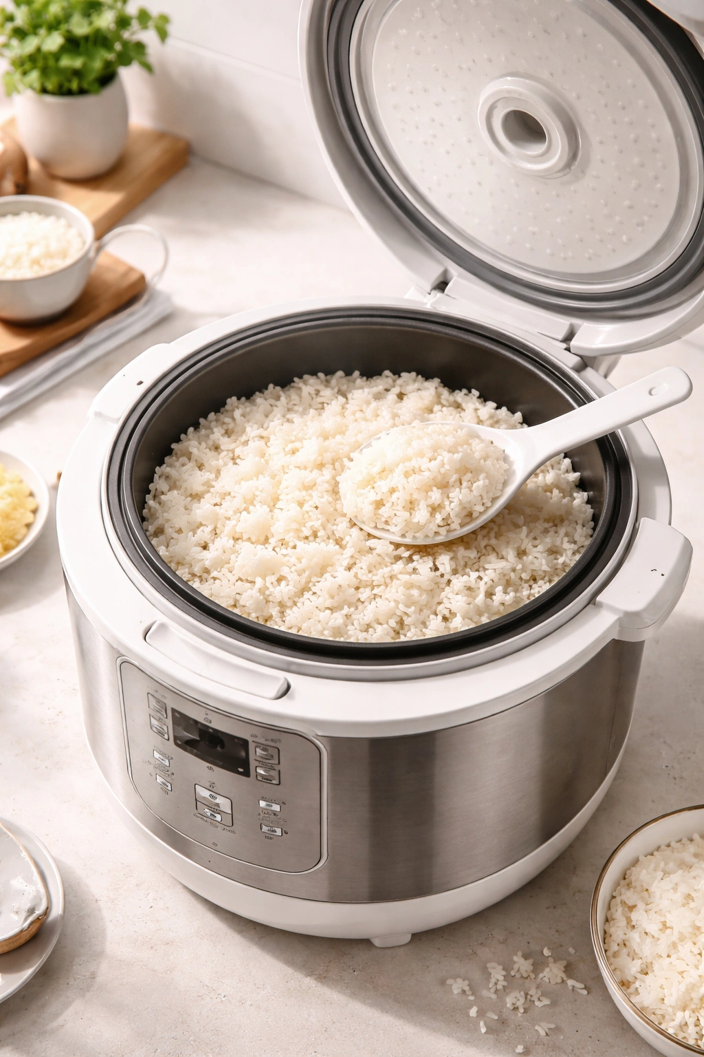 Rice cooker with fluffy rice inside, ready to serve.