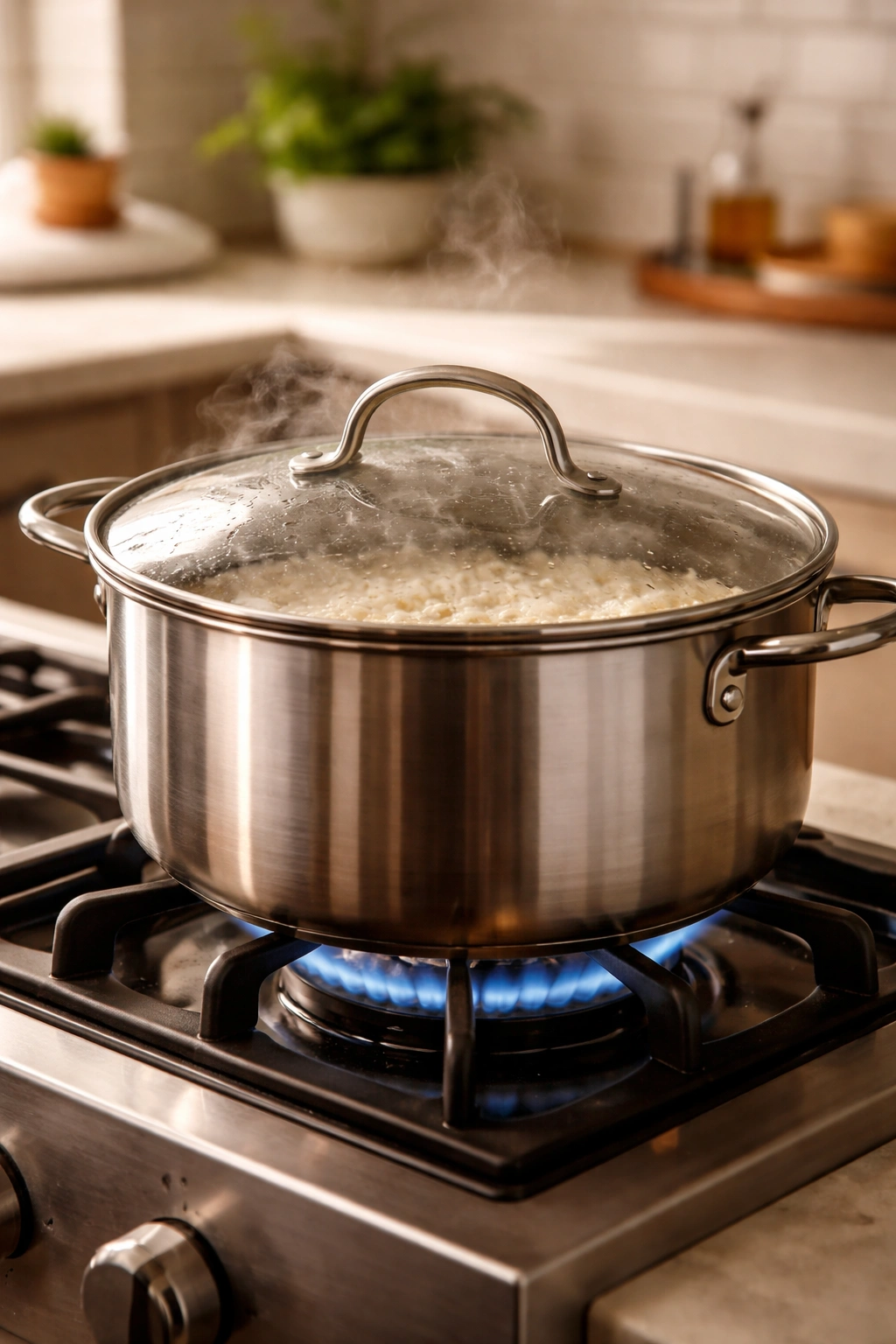 Gentle simmer in a pot showing controlled heat for even cooking