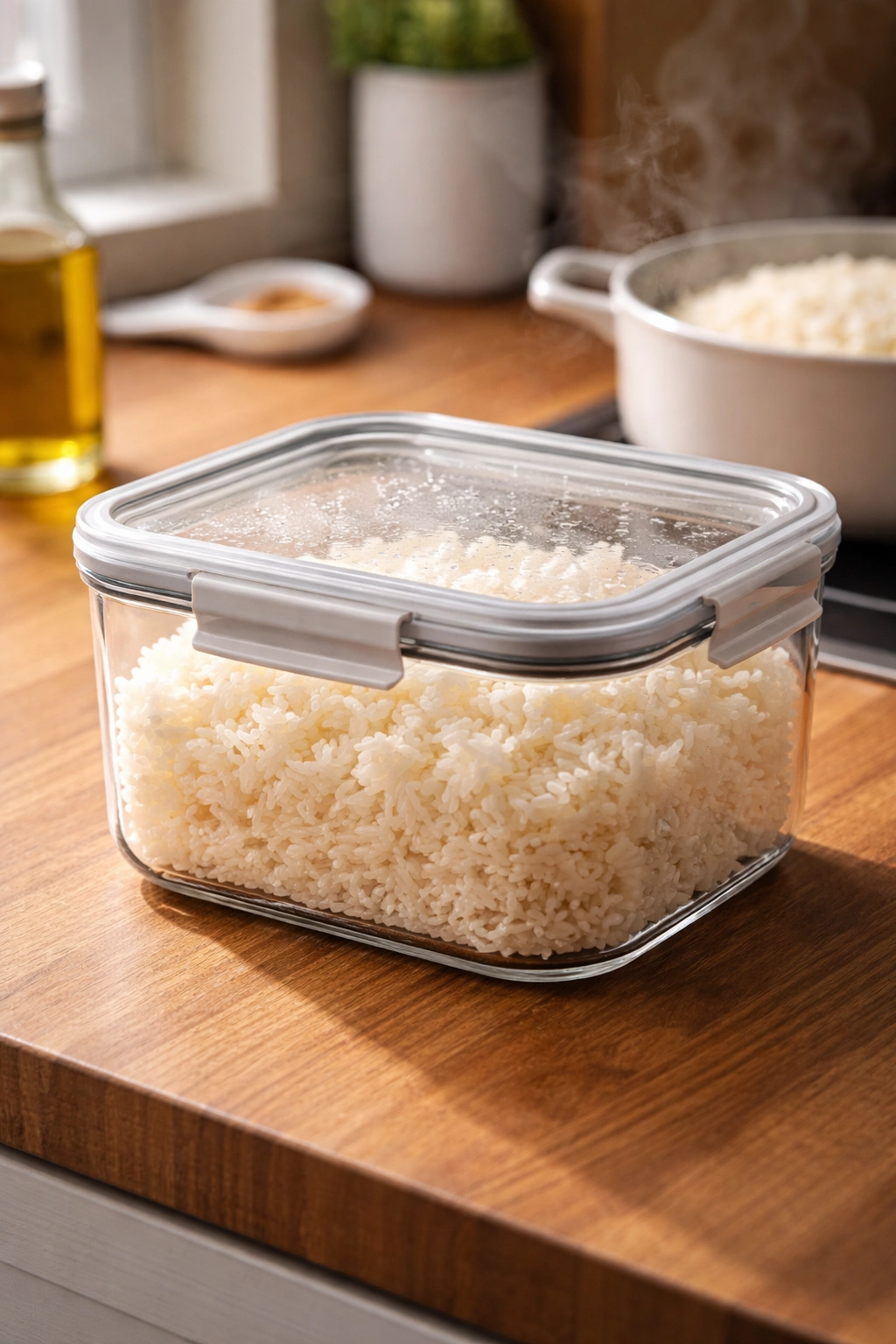Close-up of fluffy rice in a glass airtight container on a wooden counter, steam rising